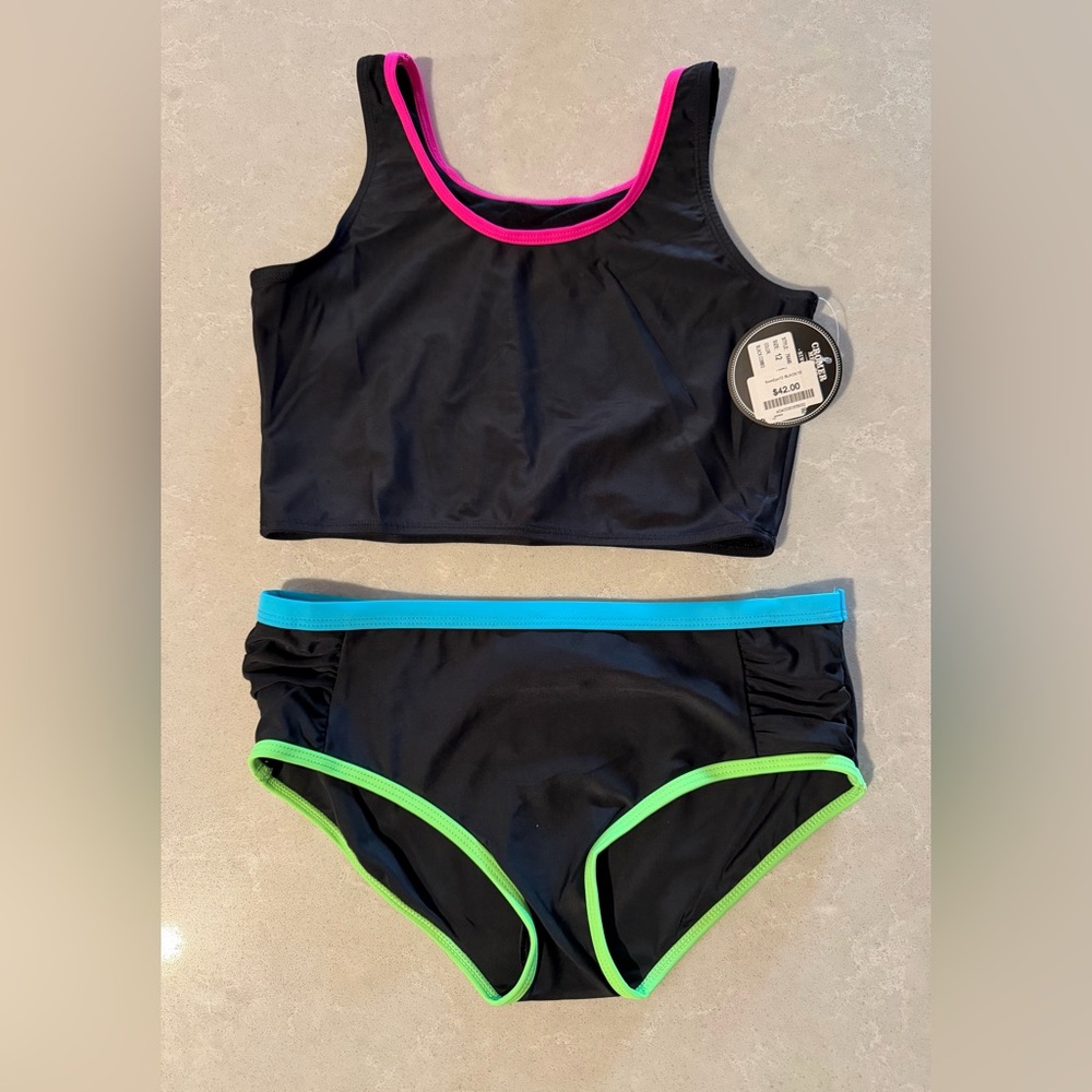 NWT Art & Soul Girls Black Two-Piece Swim Set with Neon Trim